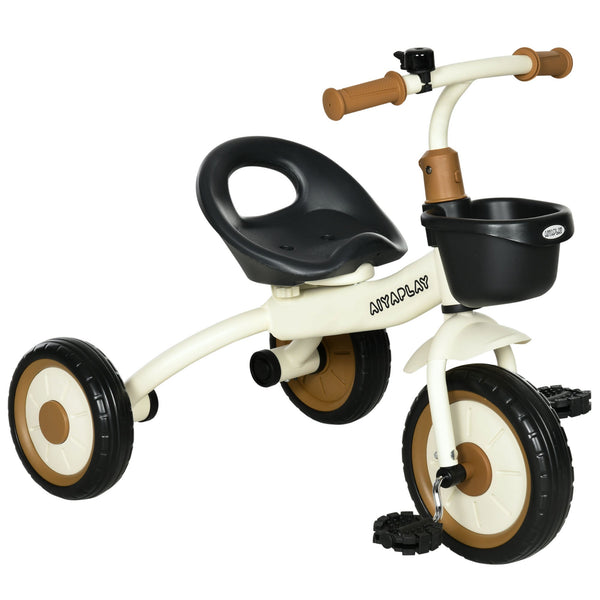 AIYAPLAY Triciclo para Crianças de 2 a 5 anos Triciclo Infantil com Assento Ajustável Cesta Buzina e Pedais e 3 Rodas Carga Máxima 25 kg 70,5x53x58 cm Bege e Marrom