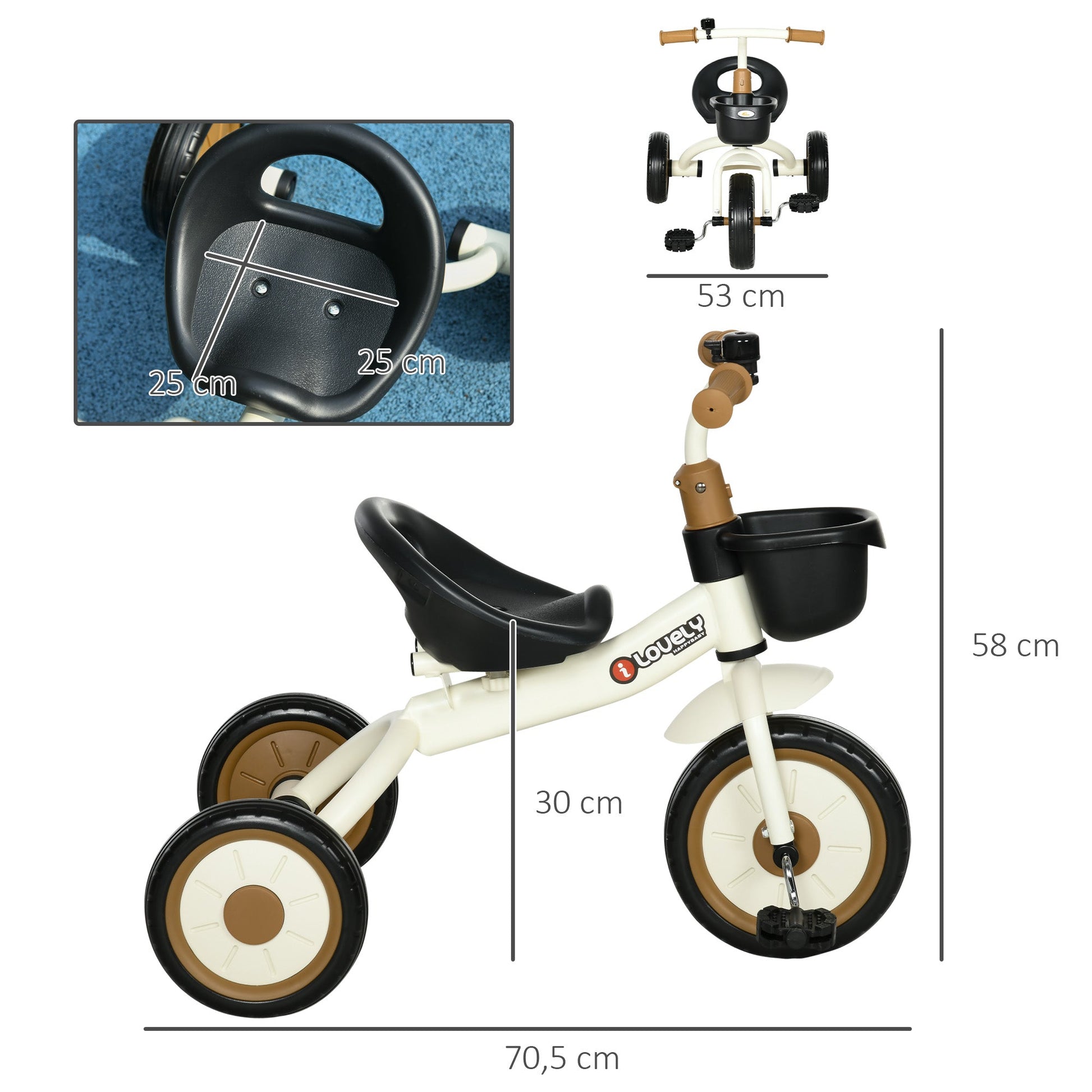 AIYAPLAY Triciclo para Crianças de 2 a 5 anos Triciclo Infantil com Assento Ajustável Cesta Buzina e Pedais e 3 Rodas Carga Máxima 25 kg 70,5x53x58 cm Bege e Marrom