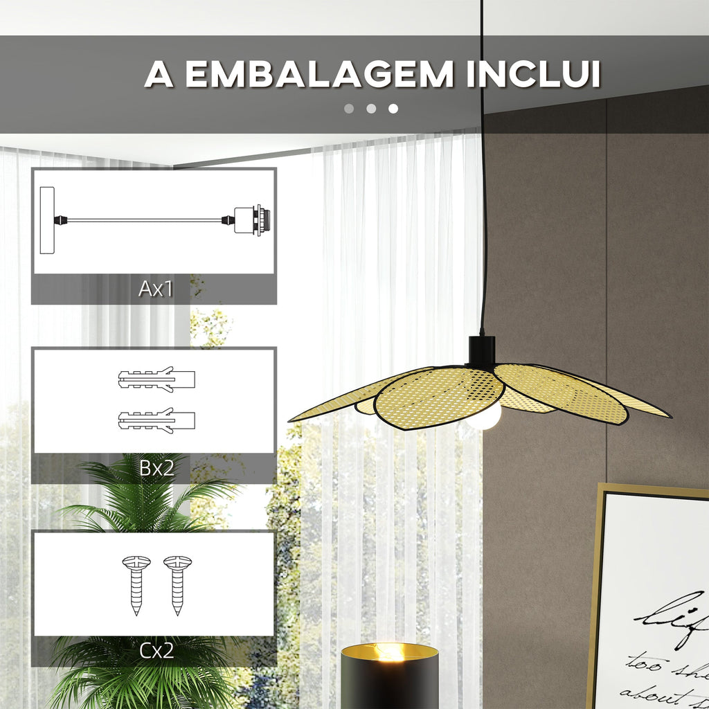 Candeeiro de Teto com Forma de Flor Candeeiro de Teto de Vime Sintético Iluminação de Teto E27 com Cabo Ajustável para Sala de Estar Dormitório Sala de Jantar Ø68x115 cm Madeira