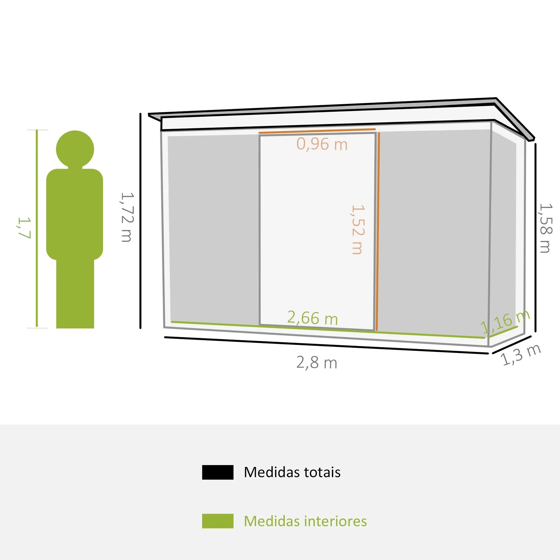 Abrigo de Jardim 280x130x172cm Abrigo de Exterior de Aço Galvanizado com Porta Corredeira e Ventilações para Armazenamento de Ferramentas Verde Claro