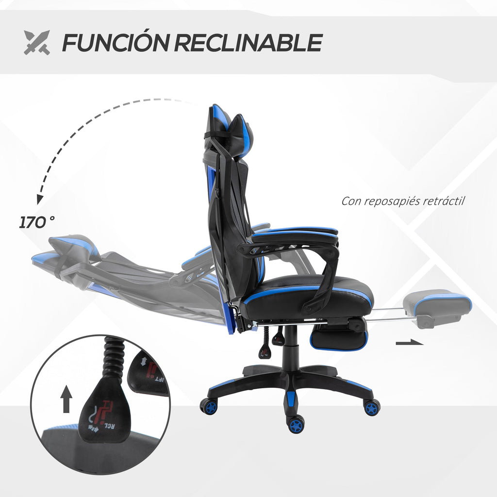 Cadeira Gaming Ergonómica Cadeira Gaming para Escritório com Altura Ajustável Encosto Regulável Almofada Lombar Apoio para os Pés Retráteis 65x70x117-125cm Azul