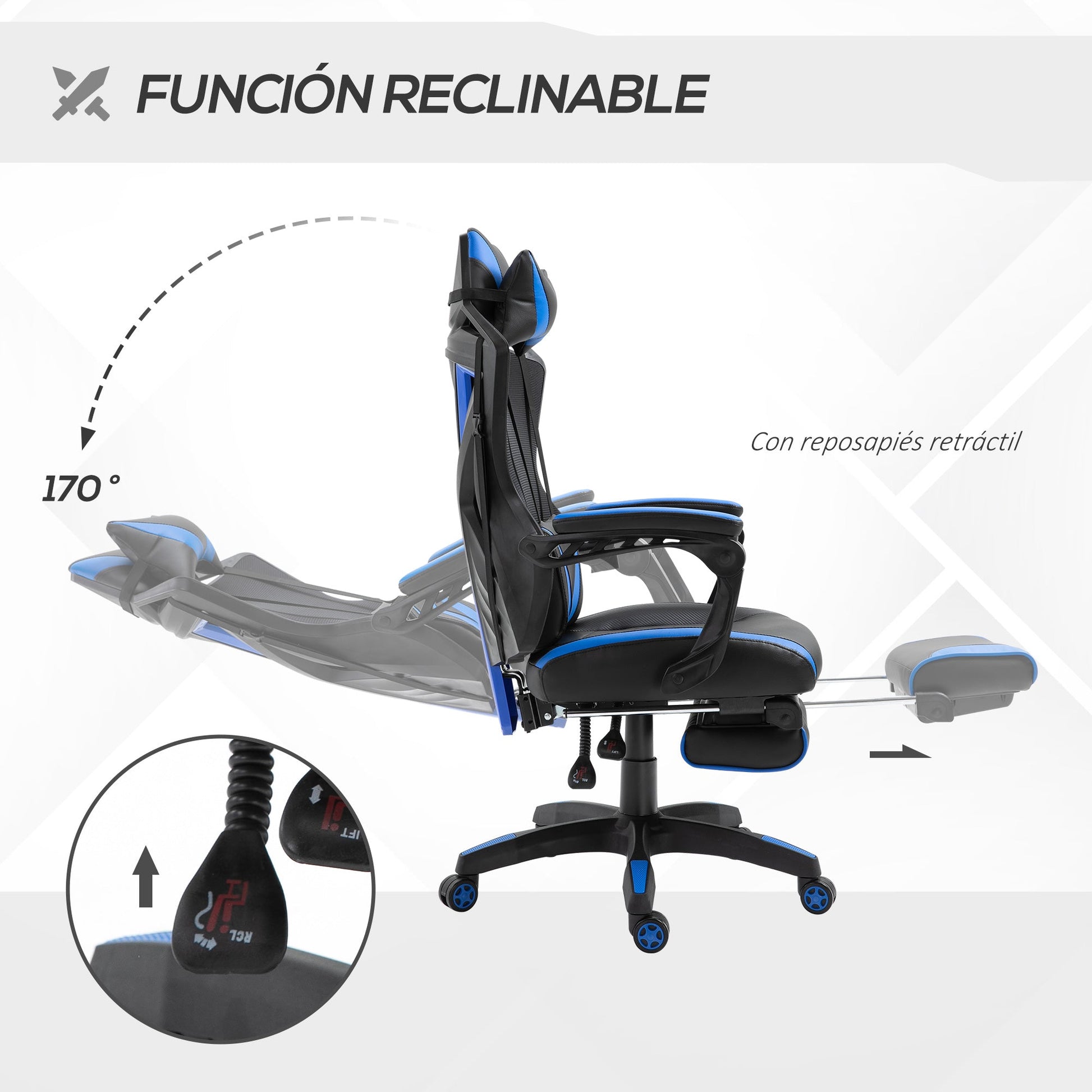 Cadeira Gaming Ergonómica Cadeira Gaming para Escritório com Altura Ajustável Encosto Regulável Almofada Lombar Apoio para os Pés Retráteis 65x70x117-125cm Azul