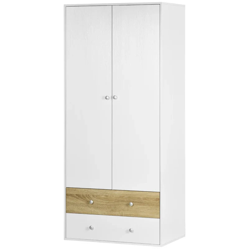 Roupeiro de Madeira Armário para Roupas com 2 Portas 2 Gavetas e 1 Barra para Pendurar Estilo Moderno para Dormitório 80x50x180 cm Branco e Carvalho