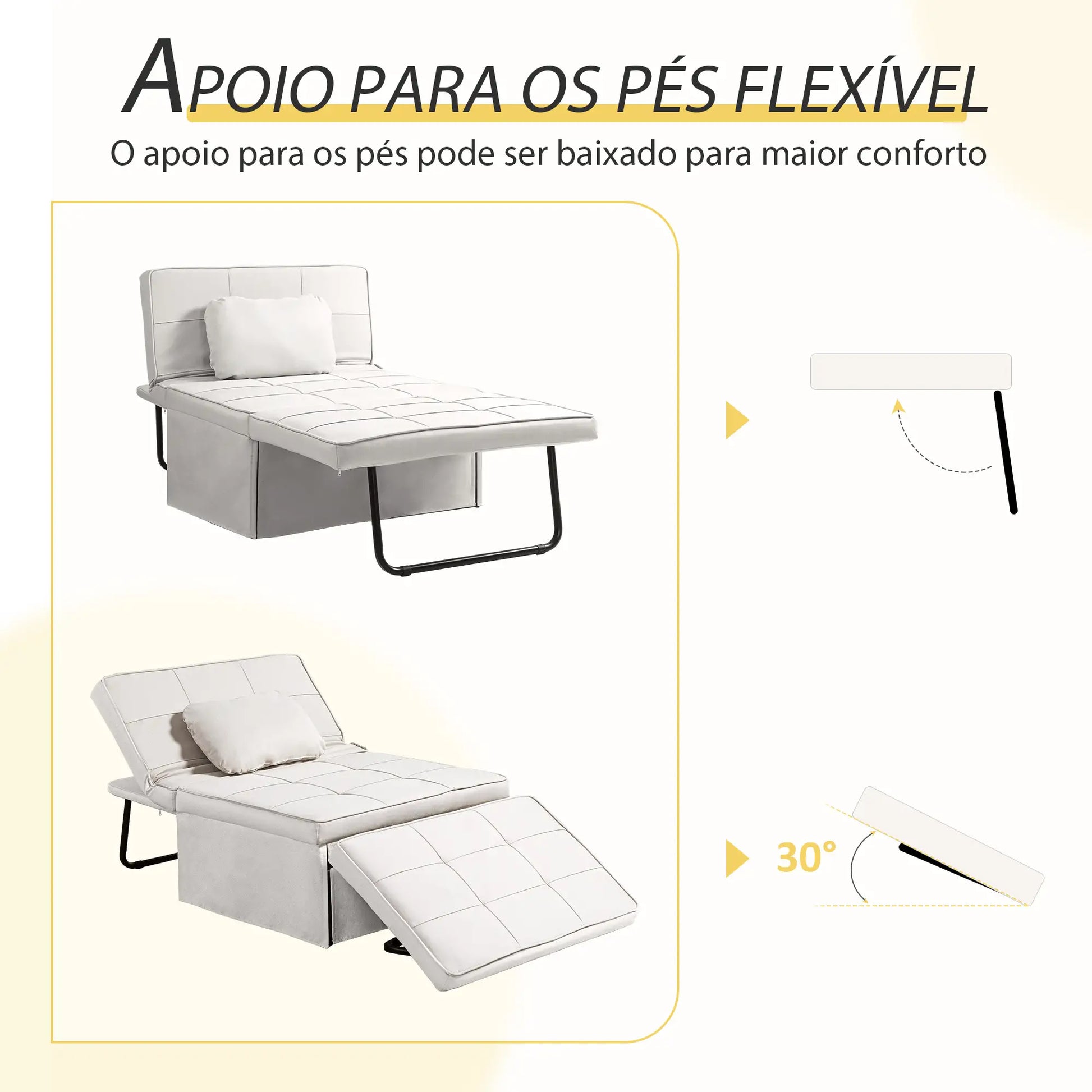 Sofá Cama Individual 3 em 1 Estofado em Linho Sofá Reclinável em 5 Posições com Apoio para os Pés e Apoio para a Cabeça para Sala de Estar Carga Máxima 200kg 95x189x43 cm Branco Gelo