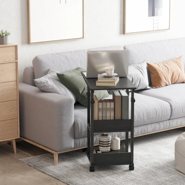 Mesa Lateral para Sofá Mesa lateral em Forma de C com 4 rodas Giratórias Freios Altura Ajustável 3 níveis Estrutura Metálica 80x40x72-82cm Preto