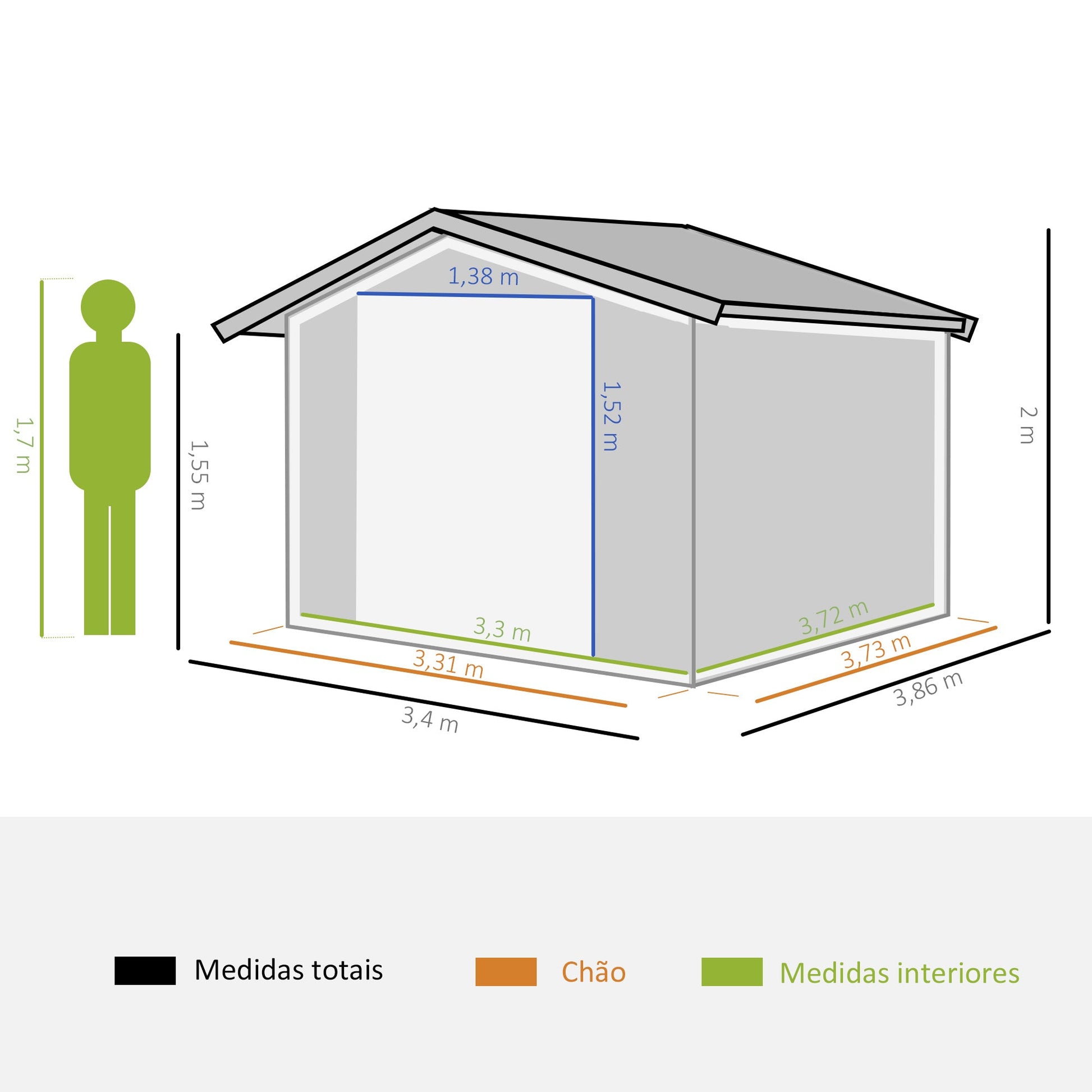 Abrigo de Jardim Metálico 340x386x200cm Abrigo de Exterior para Armazenamento de Ferramentas com Base de Reforço Incluida 4 Janelas de Ventilação e Porta Corredeira Verde