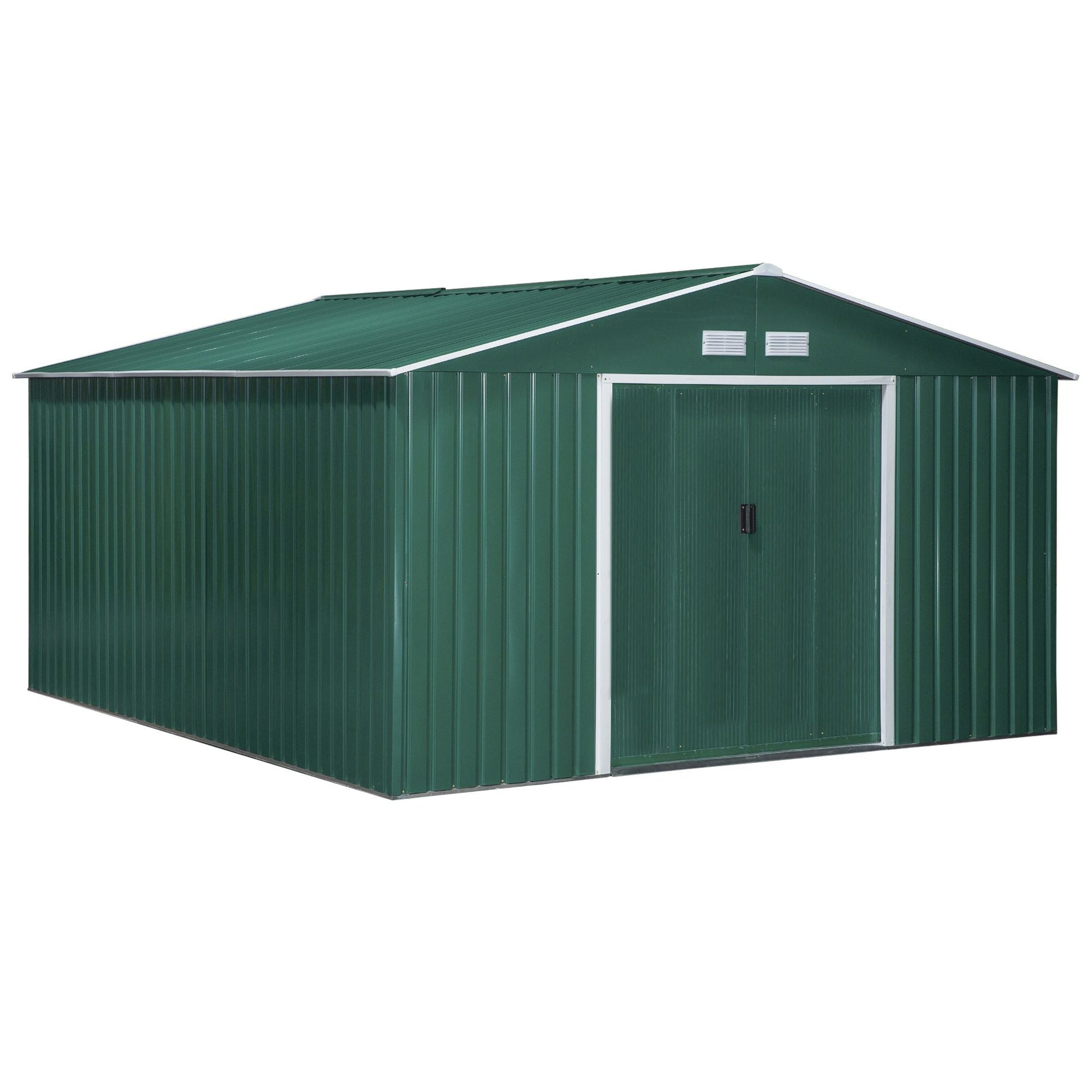 Abrigo de Jardim Metálico 340x386x200cm Abrigo de Exterior para Armazenamento de Ferramentas com Base de Reforço Incluida 4 Janelas de Ventilação e Porta Corredeira Verde