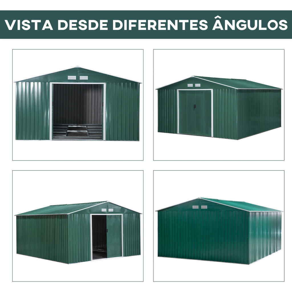 Abrigo de Jardim Metálico 340x386x200cm Abrigo de Exterior para Armazenamento de Ferramentas com Base de Reforço Incluida 4 Janelas de Ventilação e Porta Corredeira Verde