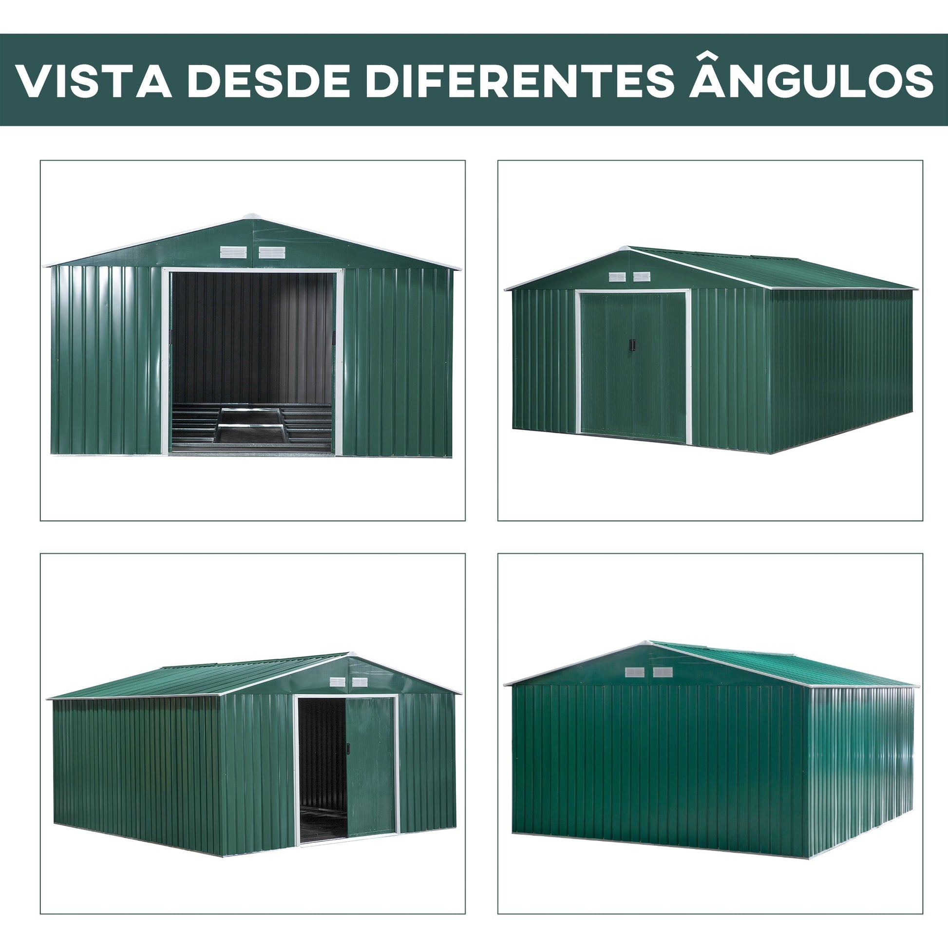 Abrigo de Jardim Metálico 340x386x200cm Abrigo de Exterior para Armazenamento de Ferramentas com Base de Reforço Incluida 4 Janelas de Ventilação e Porta Corredeira Verde