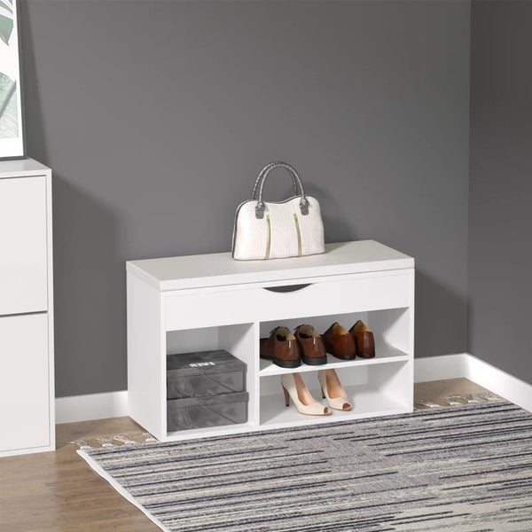 Banco Sapateira com Armazenamento Gaveta Prateleira e Assento Acolchoado para Entrada Estilo Moderno 80x30x47cm Branco