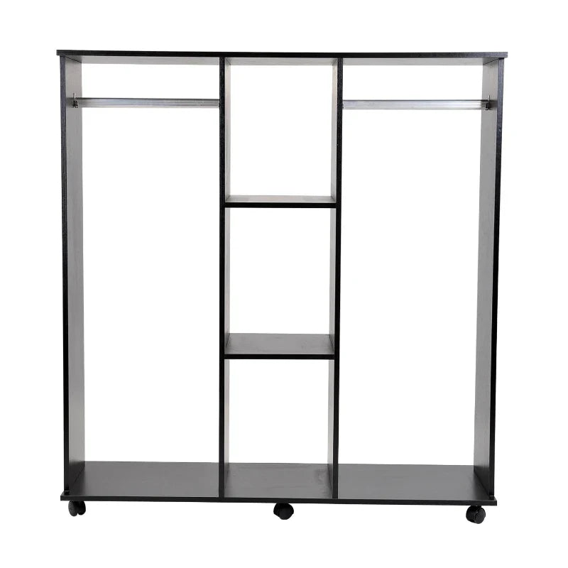 Roupeiro de Madeira Móvel Armário Roupeiro Aberto com 2 Barras para Pendurar e 3 Prateleiras Organizadoras para Dormitório 120x40x128cm Preto