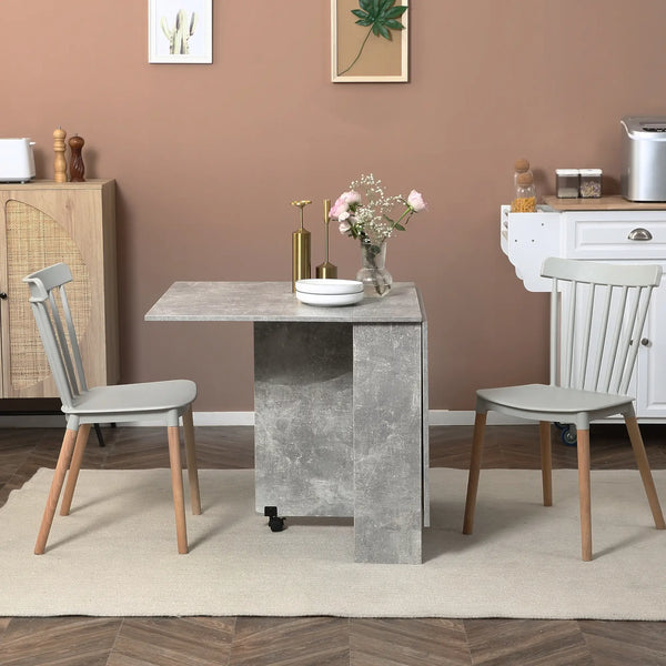 Mesa de Sala de Jantar Dobrável Mesa de Madeira com 2 Prateleiras de Armazenamento e Rodas para Cozinha 75x140x74 cm Cinza