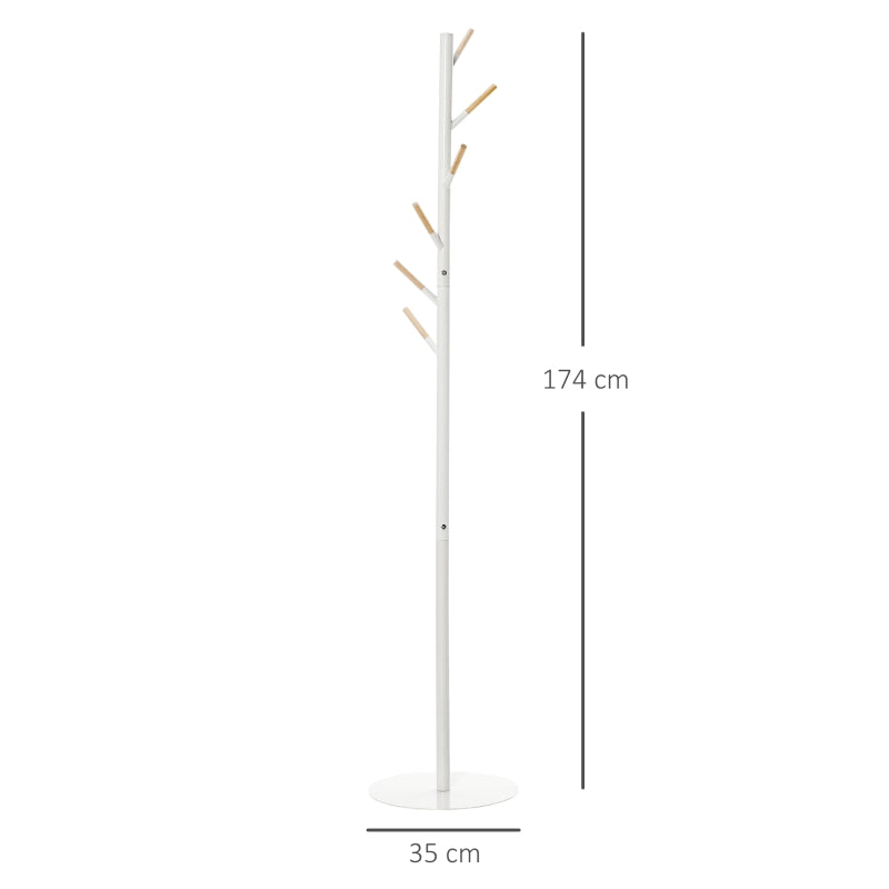 Cabide de Pé de Madeira Cabide de Pé com 6 Ganchos para Roupa Bolsas e Estrutura de Metal para Sala de Estar Entrada Dormitório 35x35x174cm Branco e Madeira