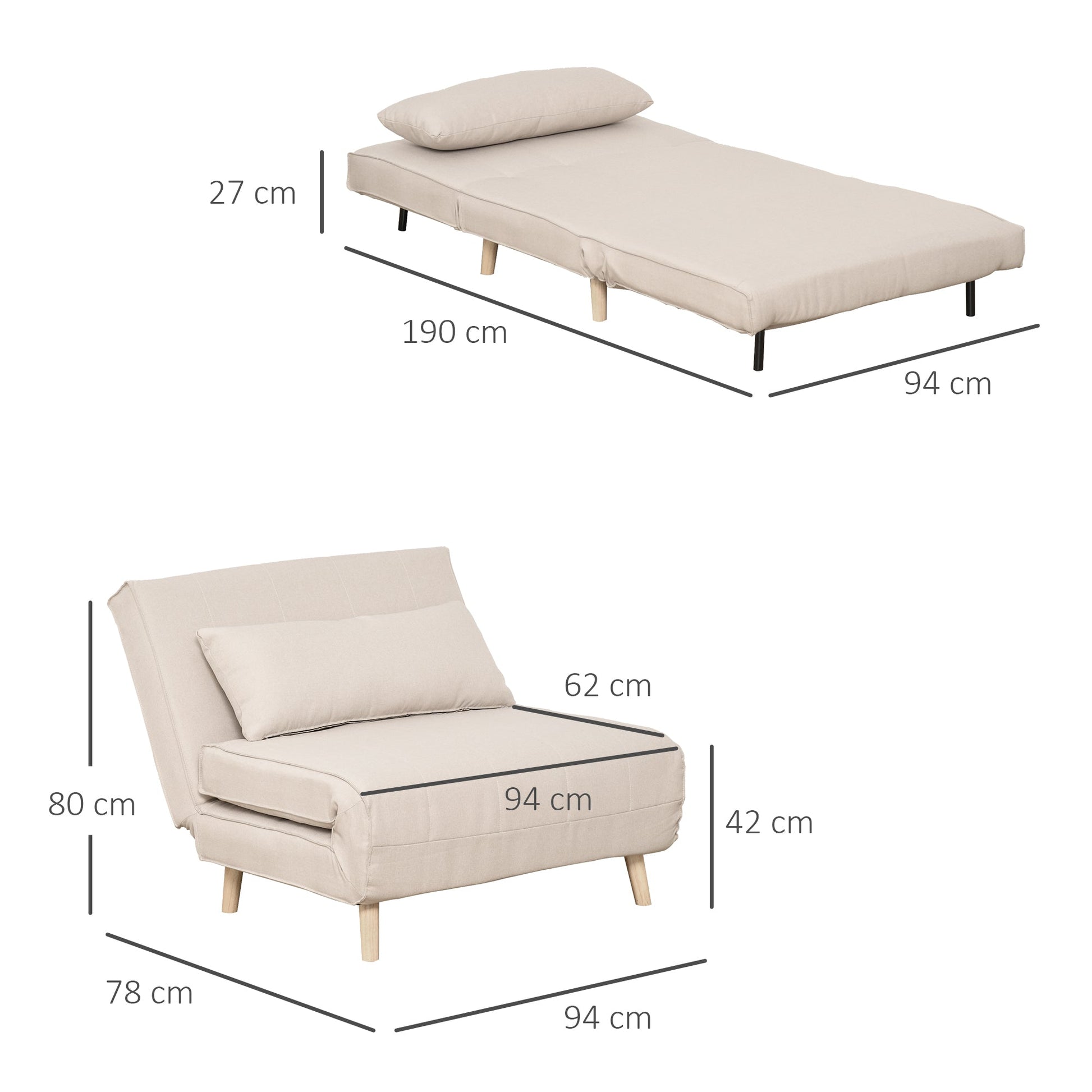 Poltrona 3 em 1 Sofá Cama Individual Dobrável com Encosto Ajustável em 6 Posições e Almofada para Sala de Estar Dormitório Escritório Carga 350 kg 94x78x80 cm Bege Claro