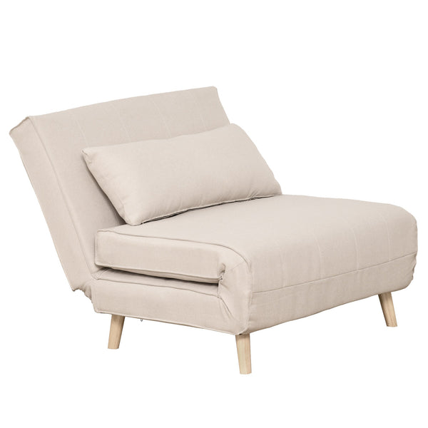 Poltrona 3 em 1 Sofá Cama Individual Dobrável com Encosto Ajustável em 6 Posições e Almofada para Sala de Estar Dormitório Escritório Carga 350 kg 94x78x80 cm Bege Claro