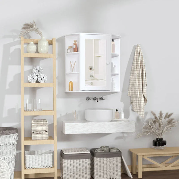 Armário de Casa de Banho com Espelho Móvel Suspenso de Casa de Banho com 1 Porta 2 Prateleiras Interiores e 6 Prateleiras Laterais para Sala de Estar Cozinha Dormitório 66x17x63cm Branco