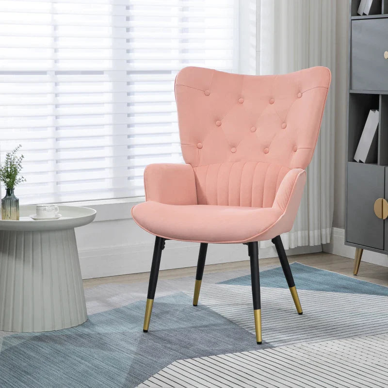 Poltrona Individual Poltrona Sala de Estar Estofada em Veludo com Encosto Alto Apoio para os Braços e Pés de Aço Estilo Moderno 68x72x103cm Rosa