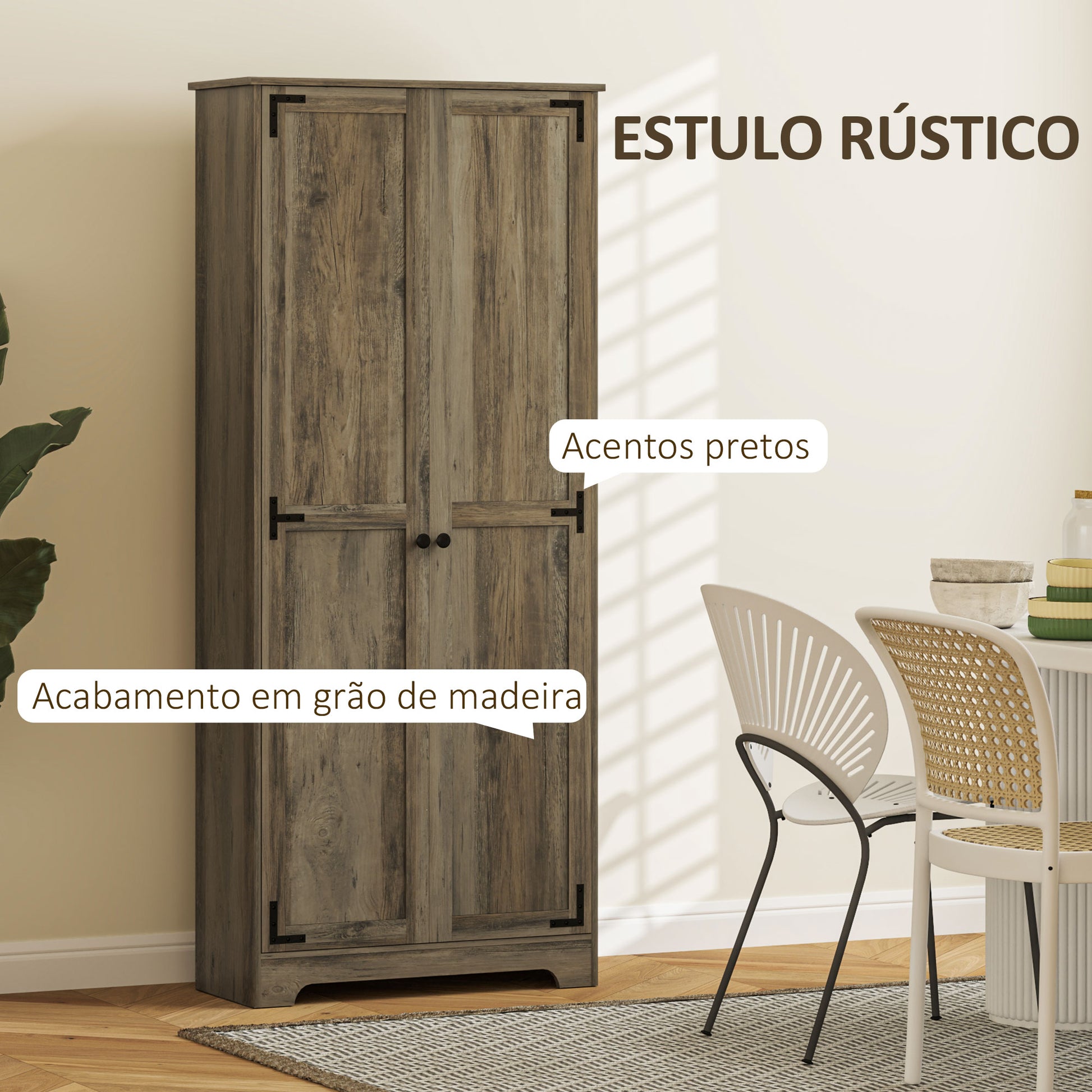 Armário de Cozinha Armário de Arrumação com 2 Portas e Prateleiras Ajustáveis para Sala de Jantar Sala de Estar 78x31,5x182 cm Marrom Acinzentado