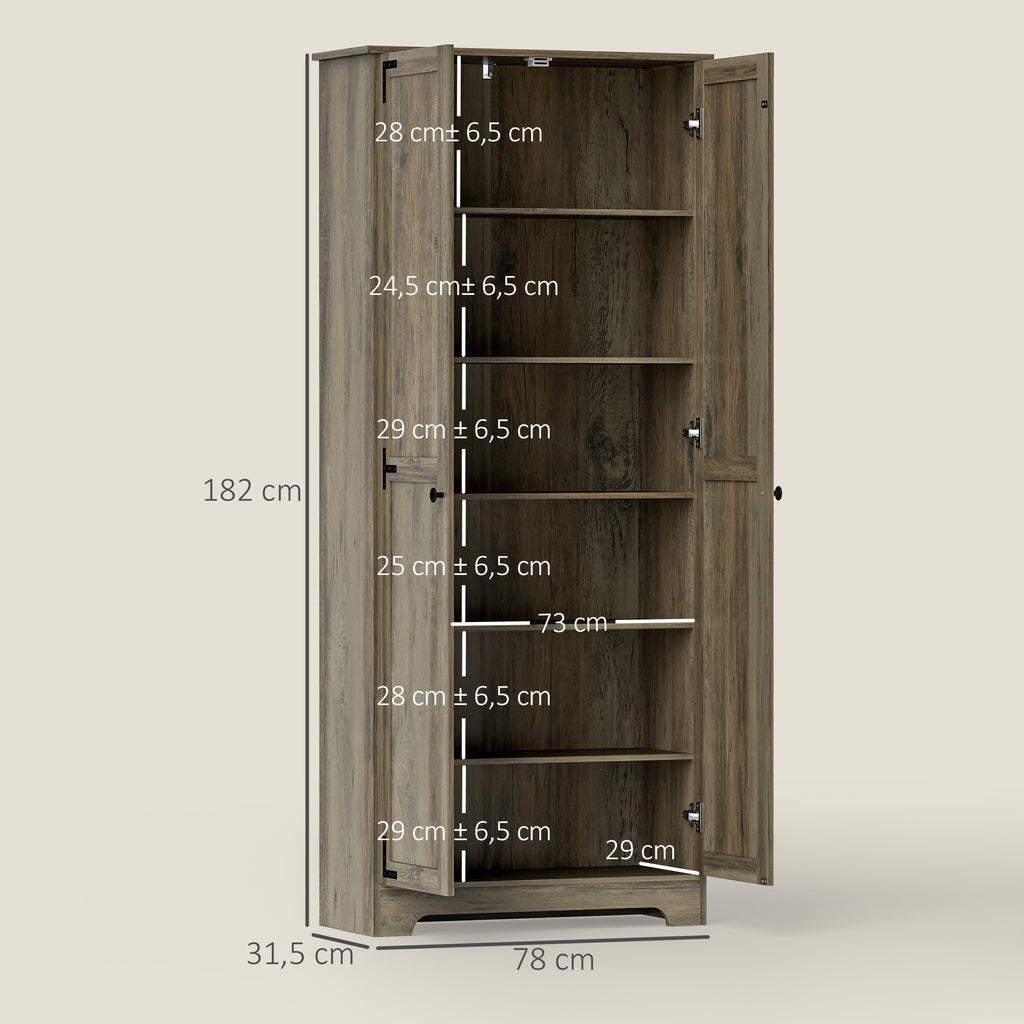 Armário de Cozinha Armário de Arrumação com 2 Portas e Prateleiras Ajustáveis para Sala de Jantar Sala de Estar 78x31,5x182 cm Marrom Acinzentado