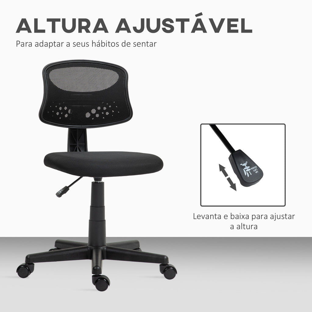 Cadeira de Escritório sem Apoio para os Braços Cadeira de Escritório Giratória com Encosto de Malha Respirável Altura Ajustável Carga 120 kg 43x48x78-88 cm Preto