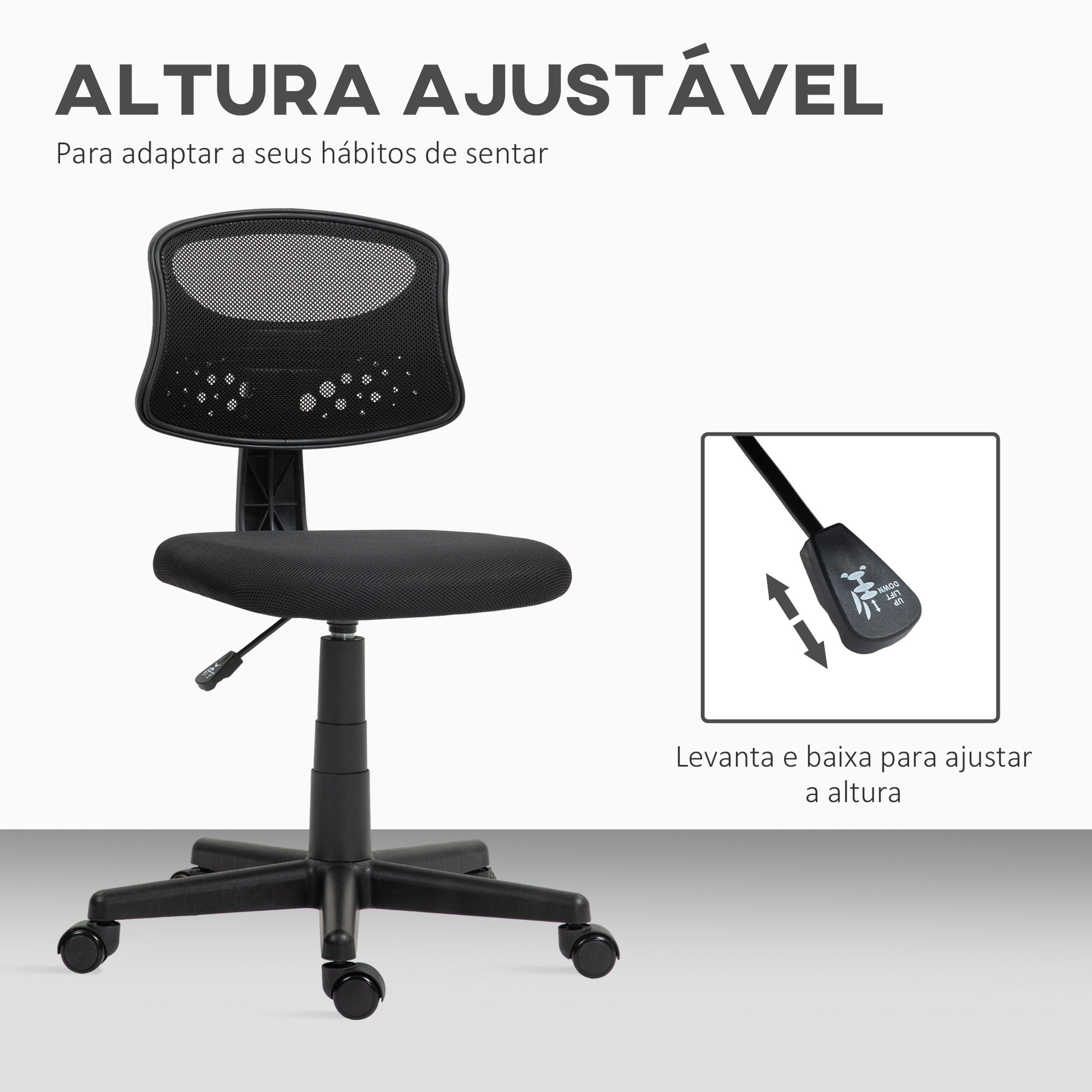 Cadeira de Escritório sem Apoio para os Braços Cadeira de Escritório Giratória com Encosto de Malha Respirável Altura Ajustável Carga 120 kg 43x48x78-88 cm Preto