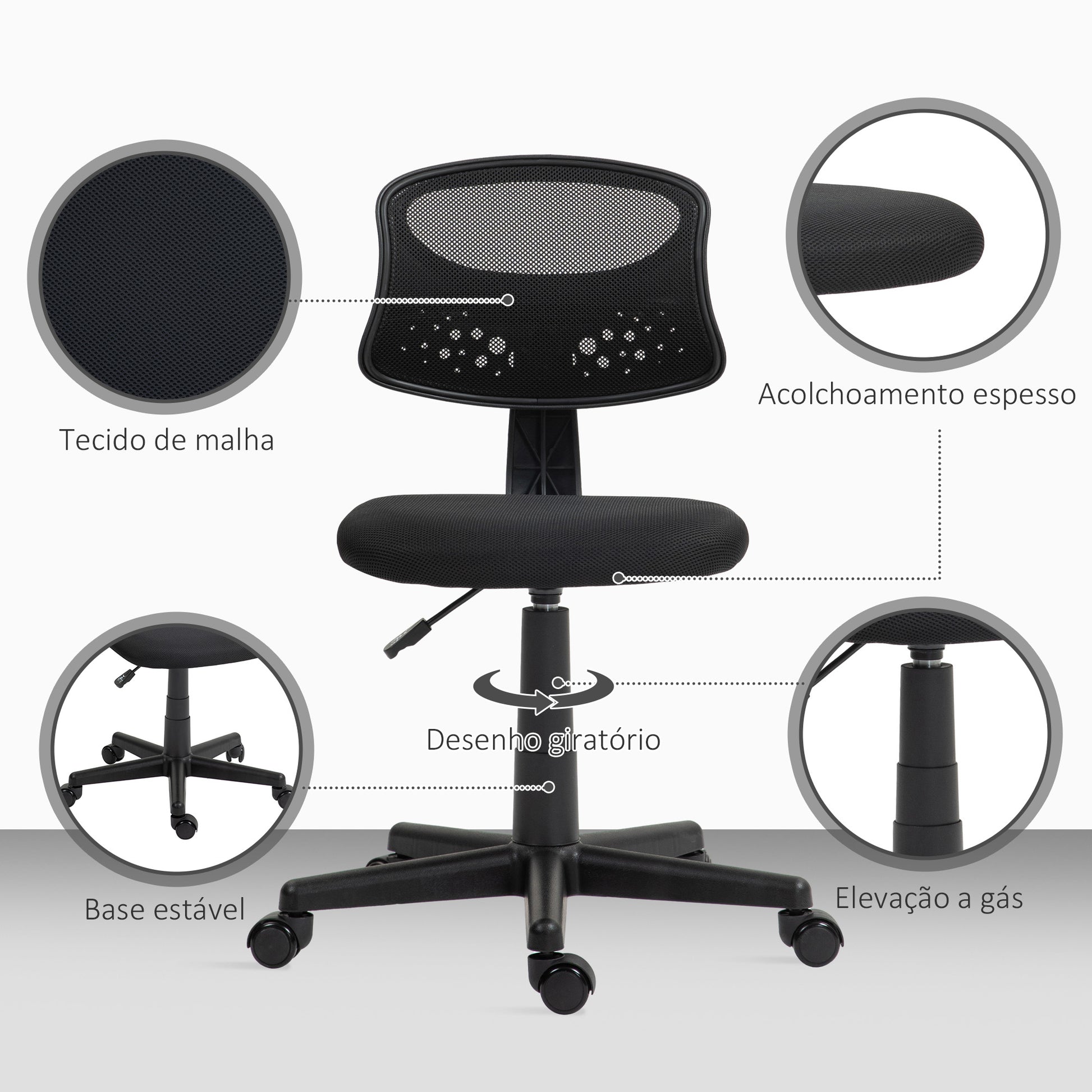 Cadeira de Escritório sem Apoio para os Braços Cadeira de Escritório Giratória com Encosto de Malha Respirável Altura Ajustável Carga 120 kg 43x48x78-88 cm Preto