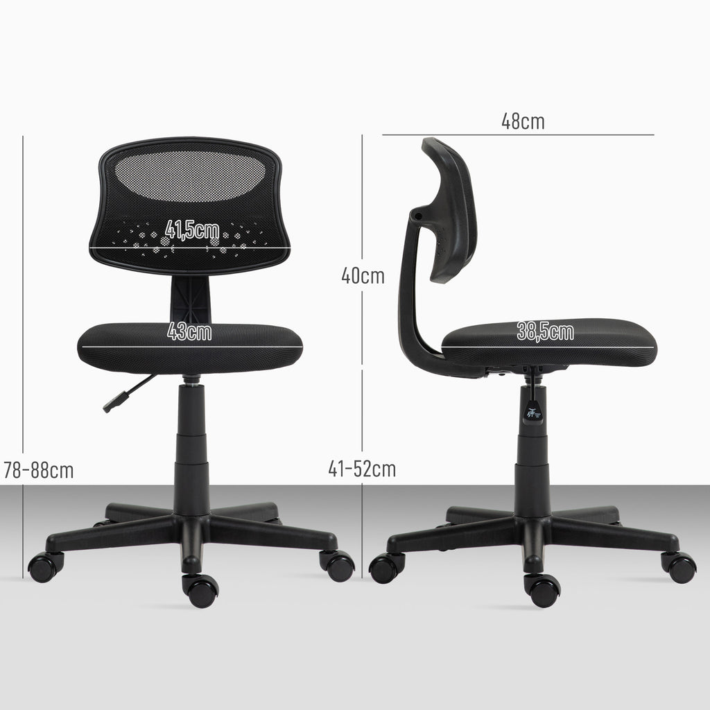 Cadeira de Escritório sem Apoio para os Braços Cadeira de Escritório Giratória com Encosto de Malha Respirável Altura Ajustável Carga 120 kg 43x48x78-88 cm Preto