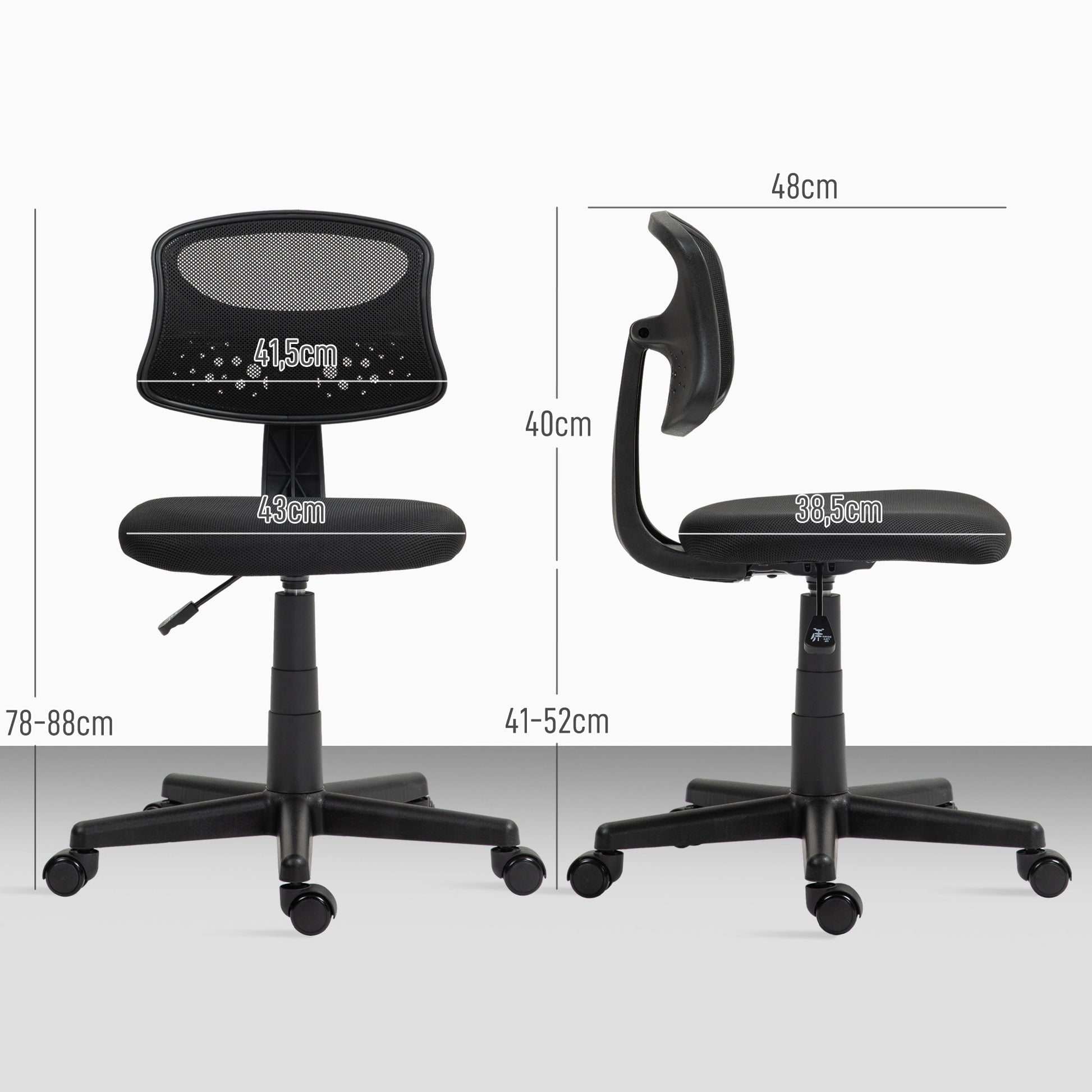 Cadeira de Escritório sem Apoio para os Braços Cadeira de Escritório Giratória com Encosto de Malha Respirável Altura Ajustável Carga 120 kg 43x48x78-88 cm Preto