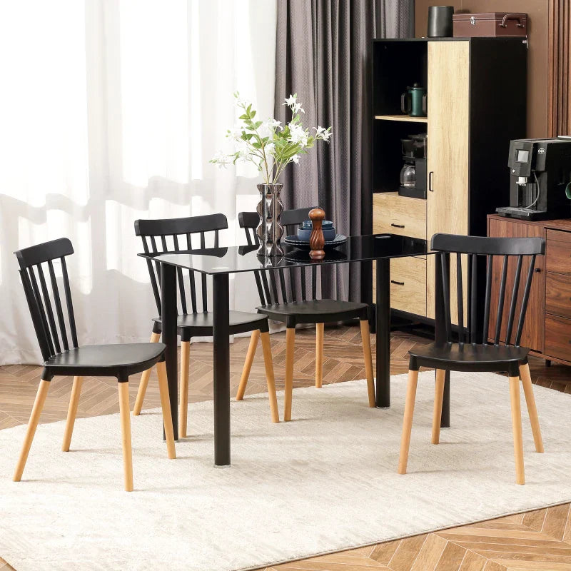 Conjunto de 4 Cadeiras Estilo Nórdico Cadeiras de Cozinha com Encosto Alto Assento de Polipropileno e Pés de Madeira de Faia Carga Máx. 120kg 48x52,5x83cm Preto e Madeira
