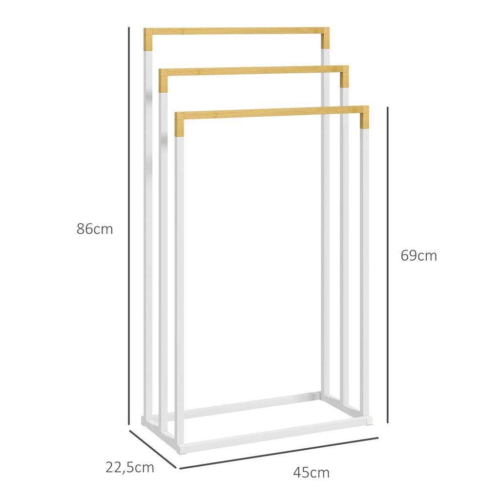 Toalheiro de Pé de 3 Níveis Toalheiro em Forma de Escada com 3 Barras de Bambu e Estrutura de Aço para Casa de Banho 45x22,5x86 cm Branco e Madeira