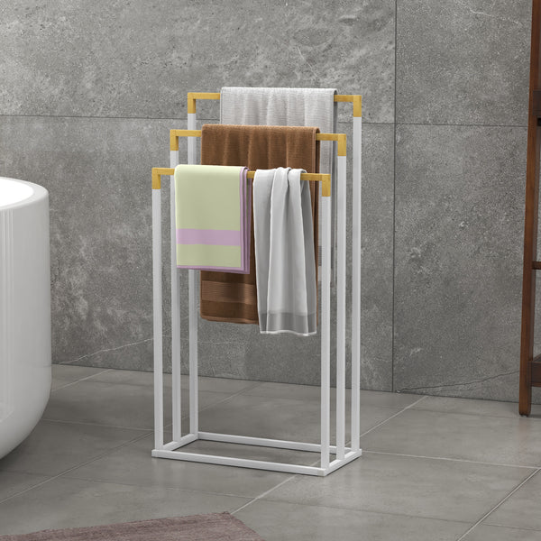 Toalheiro de Pé de 3 Níveis Toalheiro em Forma de Escada com 3 Barras de Bambu e Estrutura de Aço para Casa de Banho 45x22,5x86 cm Branco e Madeira