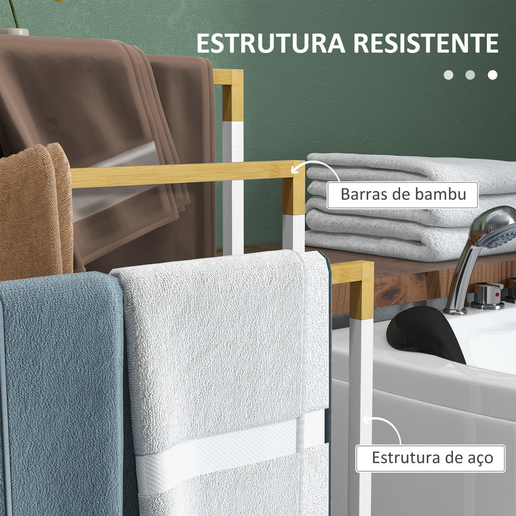 Toalheiro de Pé de 3 Níveis Toalheiro em Forma de Escada com 3 Barras de Bambu e Estrutura de Aço para Casa de Banho 45x22,5x86 cm Branco e Madeira