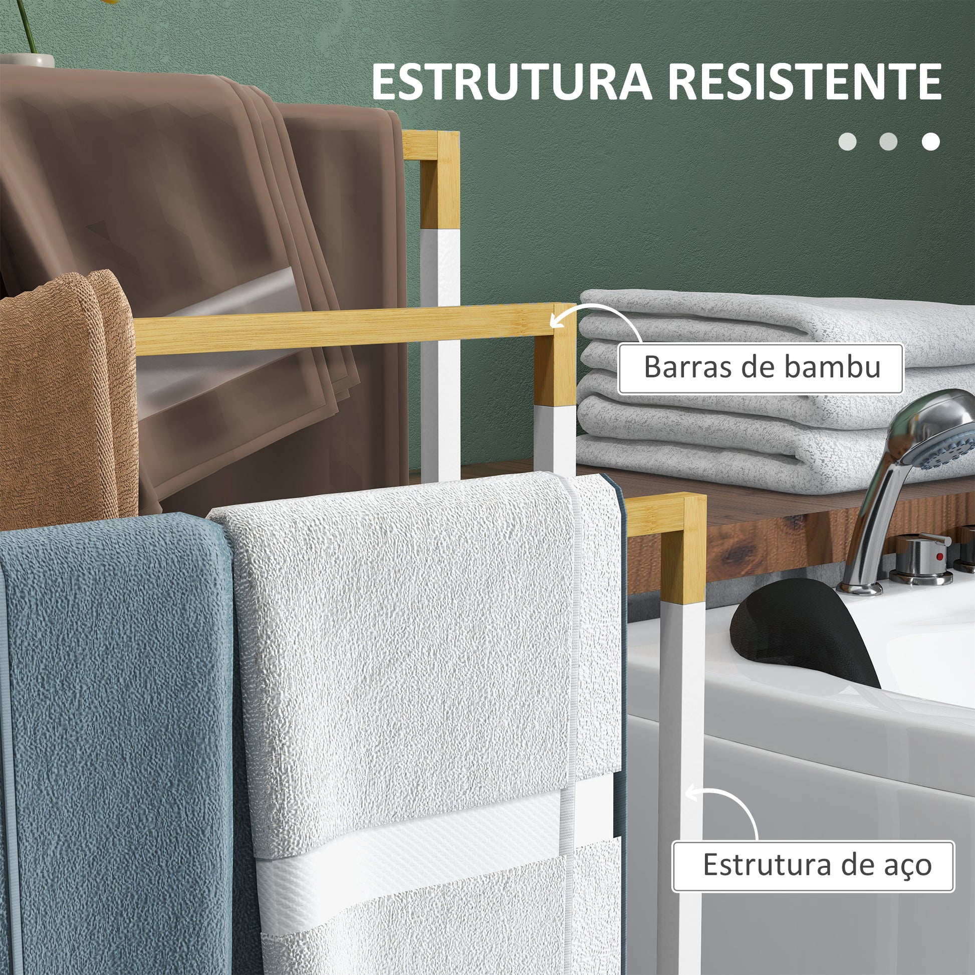 Toalheiro de Pé de 3 Níveis Toalheiro em Forma de Escada com 3 Barras de Bambu e Estrutura de Aço para Casa de Banho 45x22,5x86 cm Branco e Madeira