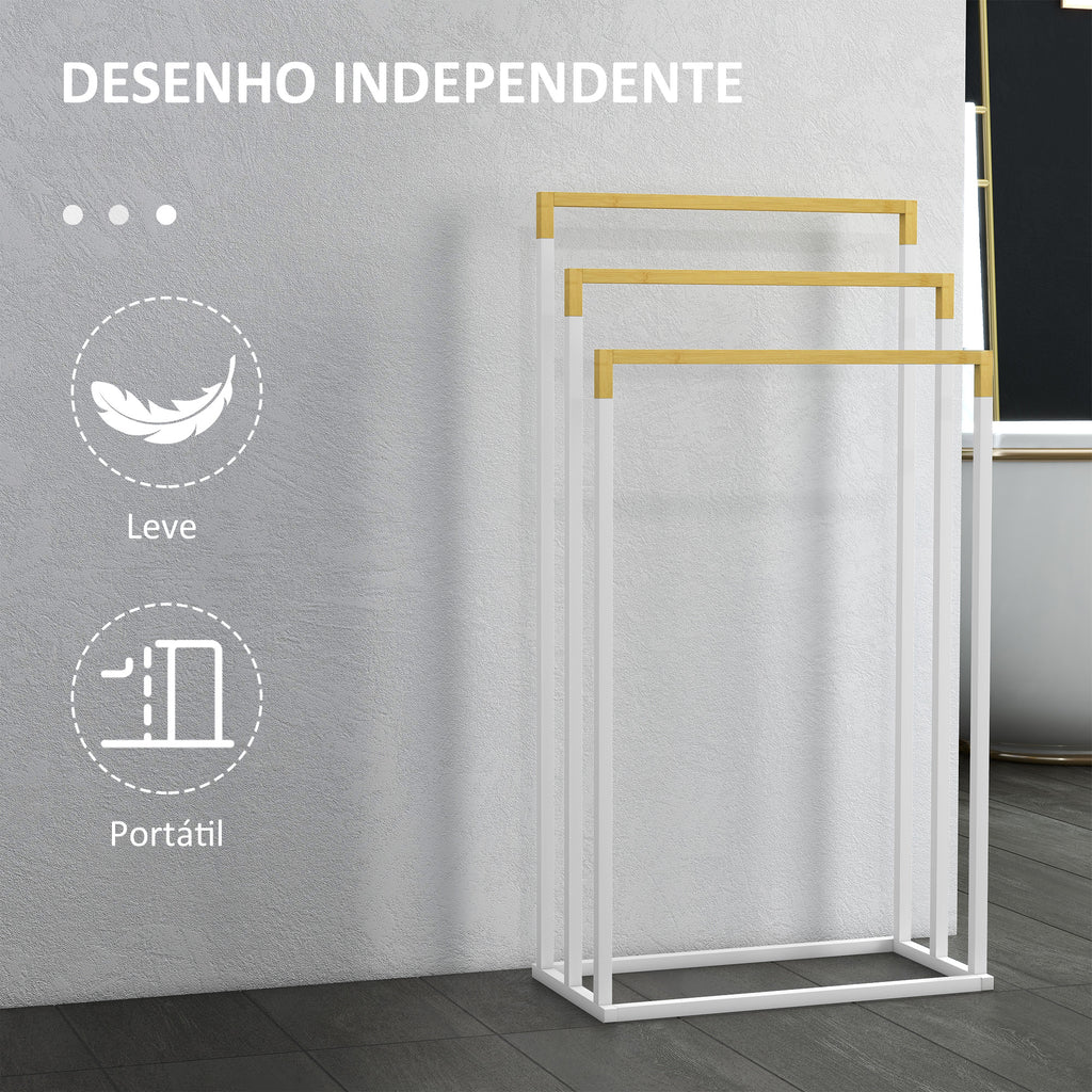 Toalheiro de Pé de 3 Níveis Toalheiro em Forma de Escada com 3 Barras de Bambu e Estrutura de Aço para Casa de Banho 45x22,5x86 cm Branco e Madeira
