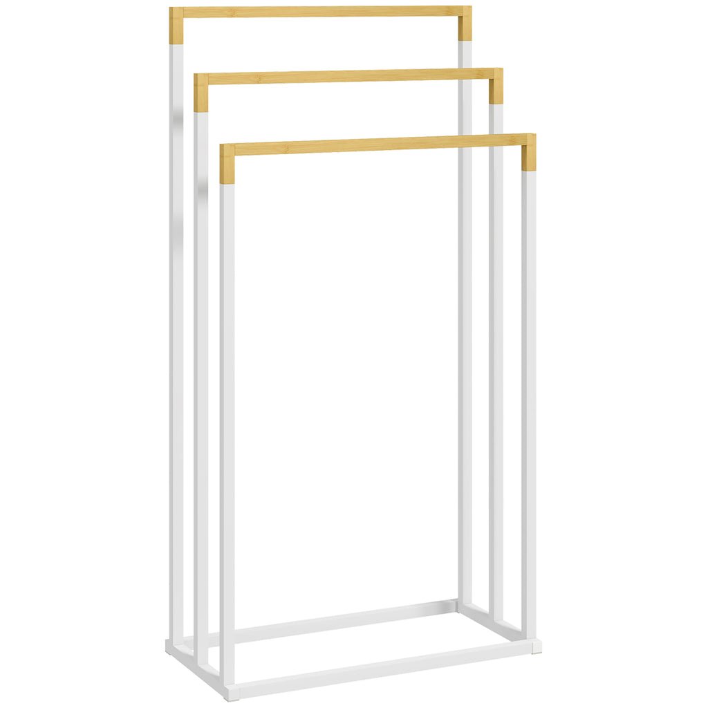 Toalheiro de Pé de 3 Níveis Toalheiro em Forma de Escada com 3 Barras de Bambu e Estrutura de Aço para Casa de Banho 45x22,5x86 cm Branco e Madeira