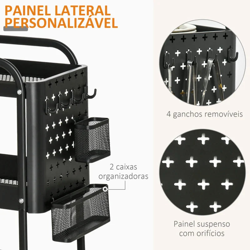 Carrinho de Cozinha com Rodas Carrinho de Armazenamento de 3 Níveis com 4 Ganchos 2 Cestas Alça de Transporte e Rodas com Freio para Casa de Banho Escritório Dormitório 51,5x32x75,6cm Preto
