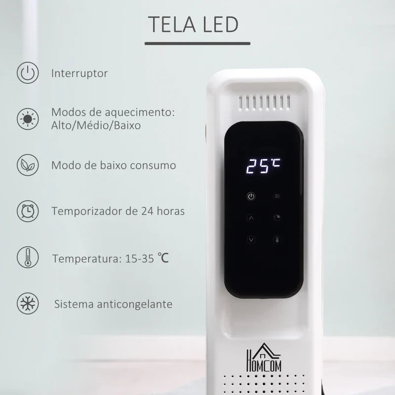 Aquecedor a Óleo 2290/2720W com 3 Modos de Aquecimento Tela LED Controle Tátil Termostato Temporizador 24H e Rodas Baixo Consumo para 20m² 50,5x24x63cm Branco
