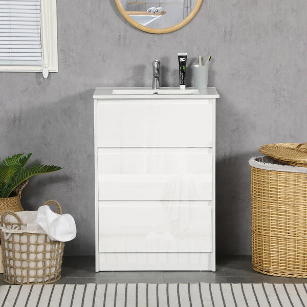 Móvel de Casa de Banho com Lavatório Armário Casa de Banho de Cerâmica Sintética com 2 Gavetas 61x37x88 cm Branco Brilhante