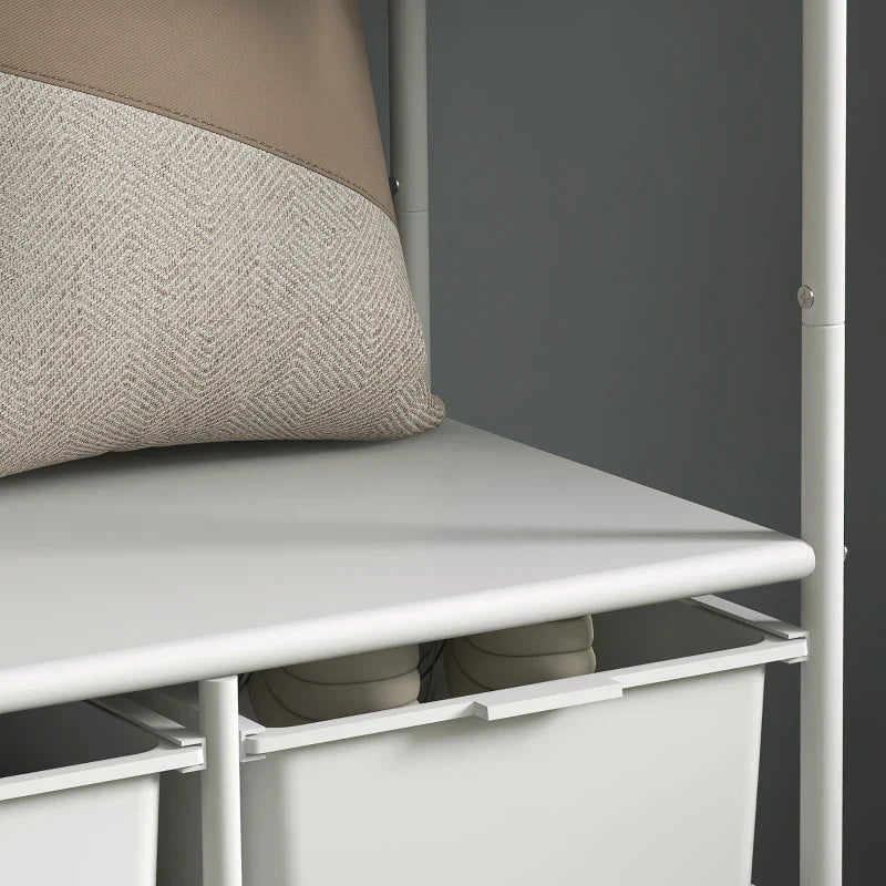 Charriot com Sapateiro Moderno 8 Ganchos e 4 Cestos para Armazenamento Charriot de Entrada com Rodas e Estrutura de Aço para Sala de Estar Dormitório Corredor 63x37x153 cm Branco