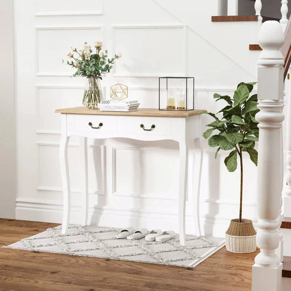 Mesa Consola Mesa Auxiliar com 2 Gavetas para Entrada Corredor Sala de Estar 87x34x78,5cm Branco e Madeira