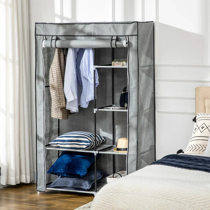 Roupeiro de Tecido Dobrável Armário de Roupa Portátil com 6 Prateleiras e 1 Barra de Pendurar para Dormitório Vestidor 103x43x162,5cm Cinza