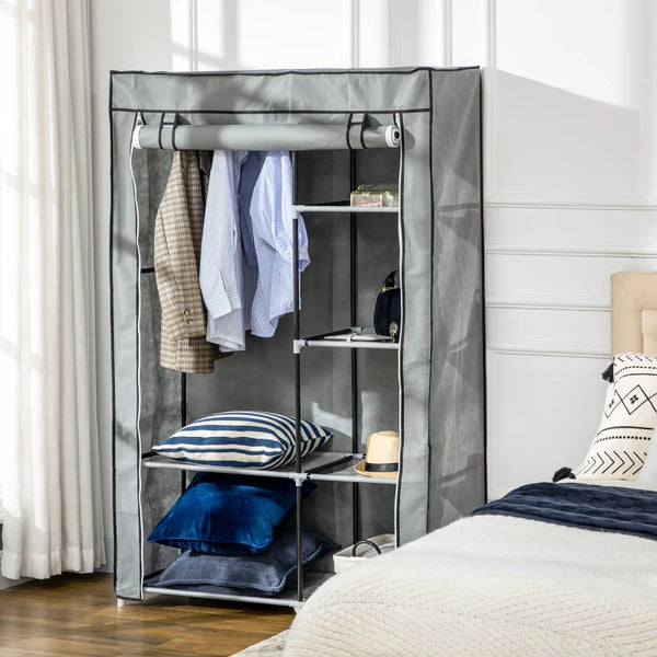Roupeiro de Tecido Dobrável Armário de Roupa Portátil com 6 Prateleiras e 1 Barra de Pendurar para Dormitório Vestidor 103x43x162,5cm Cinza