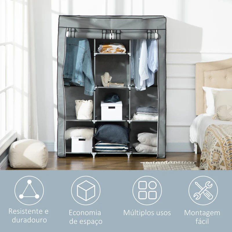 Roupeiro de Tecido Dobrável Armário Portátil com 8 Prateleiras de Armazenamento e 2 Barras de Pendurar Organizador de Roupa para Dormitório Vestidor 125x43x162,5cm Cinza Claro