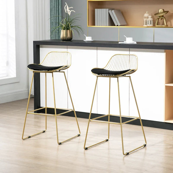 Conjunto de 2 Bancos Altos de Cozinha Moderno Bancos de Bar com Almofada de Veludo Encosto e Apoio para os Pés Carga 120 kg 46,5x48x93 cm Dourado