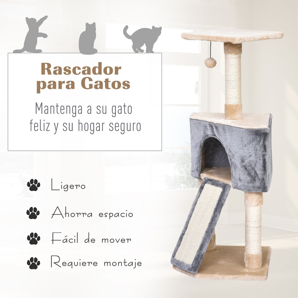 PawHut Arranhador para Gatos 40x40x98 cm com Caverna Brinquedo Suspenso Rampa e Postes de Arranhar em Corda de Sisal Cinza e Bege