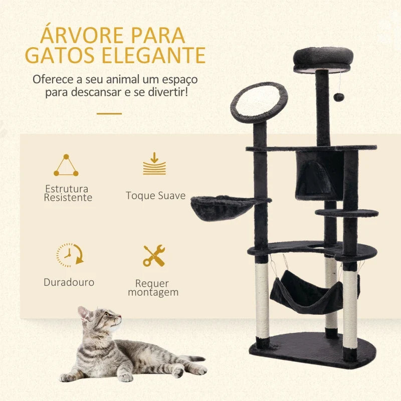 PawHut Árvore Arranhador para Gatos Grande Altura 153cm Torre de Escalada para Gatos com Caverna Redes Plataformas Postes Arranhadores de Sisal e Bola Suspensa Cinza Escuro