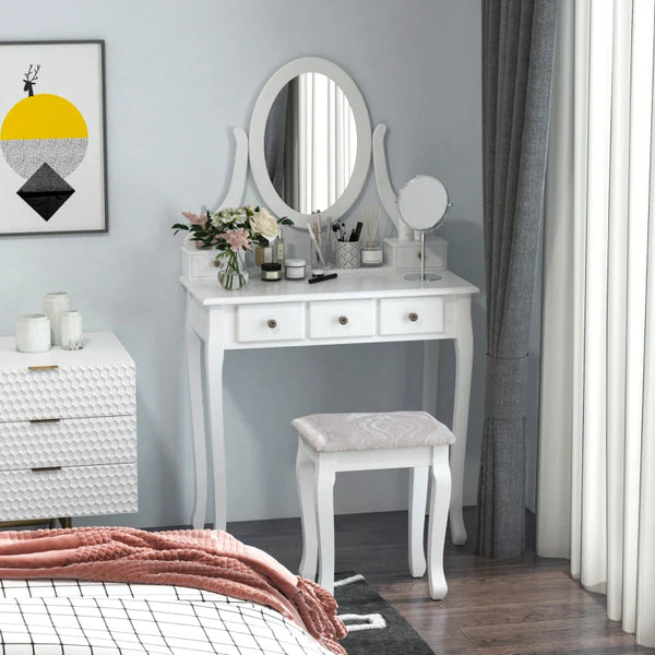 Toucador de Maquilhagem com Banco MDF e Madeira Maciça 80x40x140cm Branco