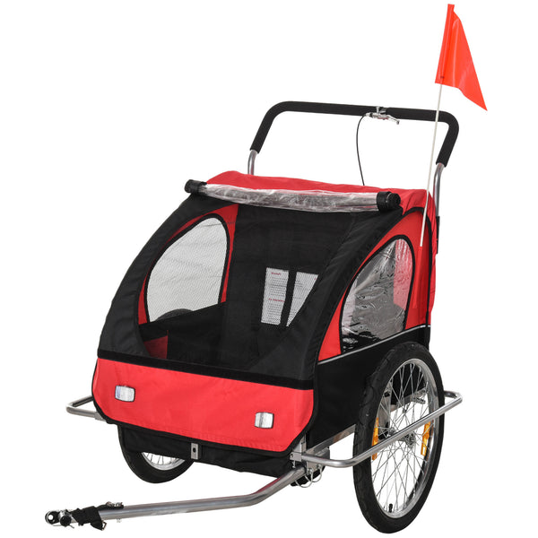 Reboque de Bicicleta 2 EM 1 para crianças de 2 lugares com Amortecedores Convertível em carrinho com barra e kit de corrida 129x85x105cm Vermelho