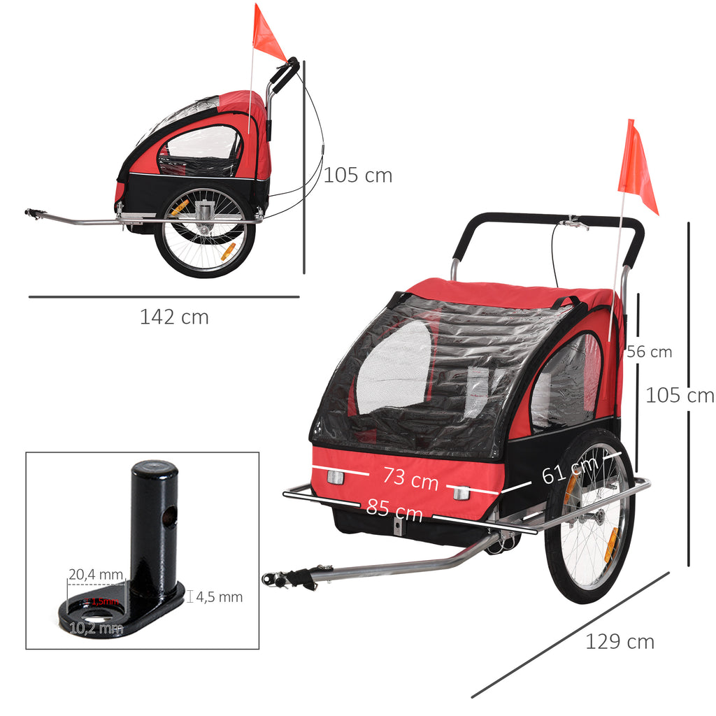 Reboque de Bicicleta 2 EM 1 para crianças de 2 lugares com Amortecedores Convertível em carrinho com barra e kit de corrida 129x85x105cm Vermelho