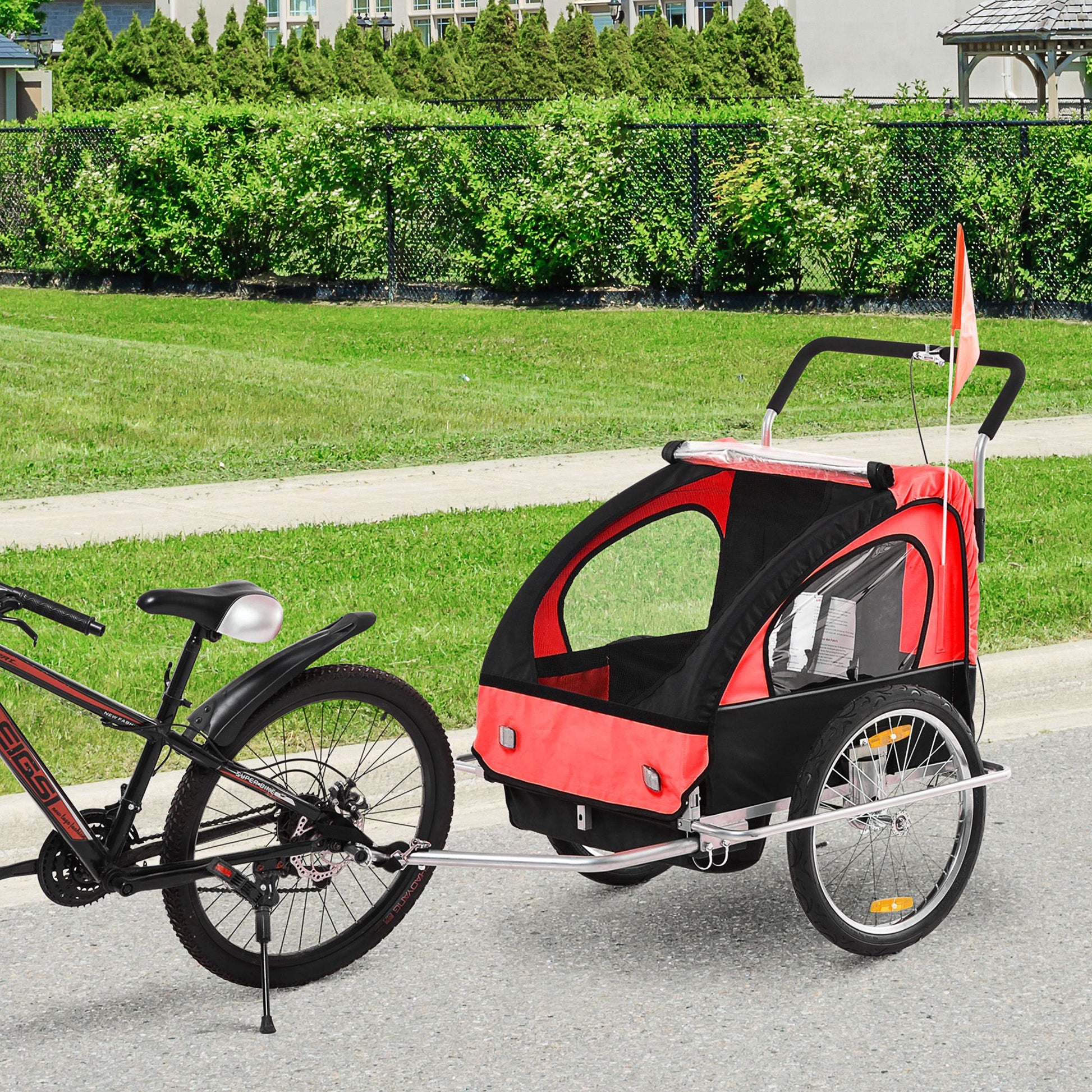 Reboque de Bicicleta 2 EM 1 para crianças de 2 lugares com Amortecedores Convertível em carrinho com barra e kit de corrida 129x85x105cm Vermelho
